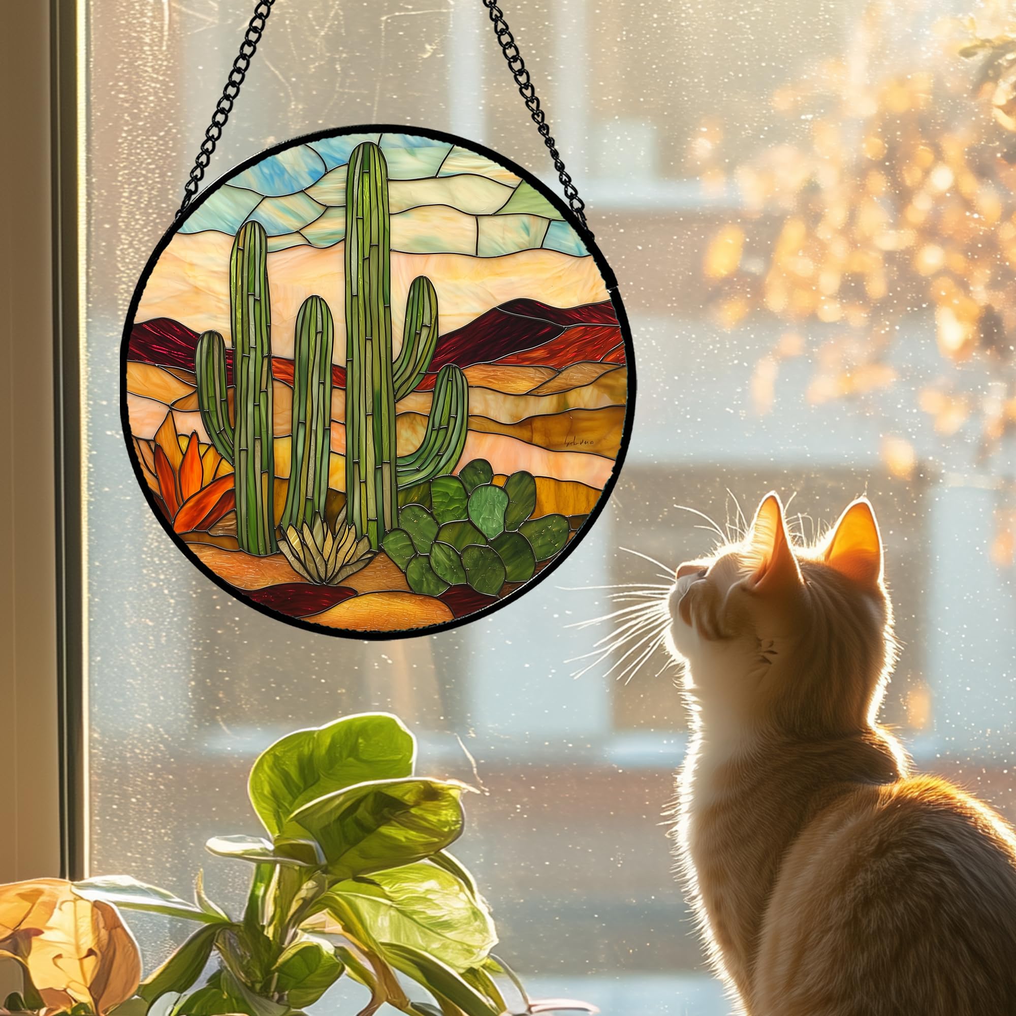 JOSUMALY stained glass window hanging enhances living room ambience.