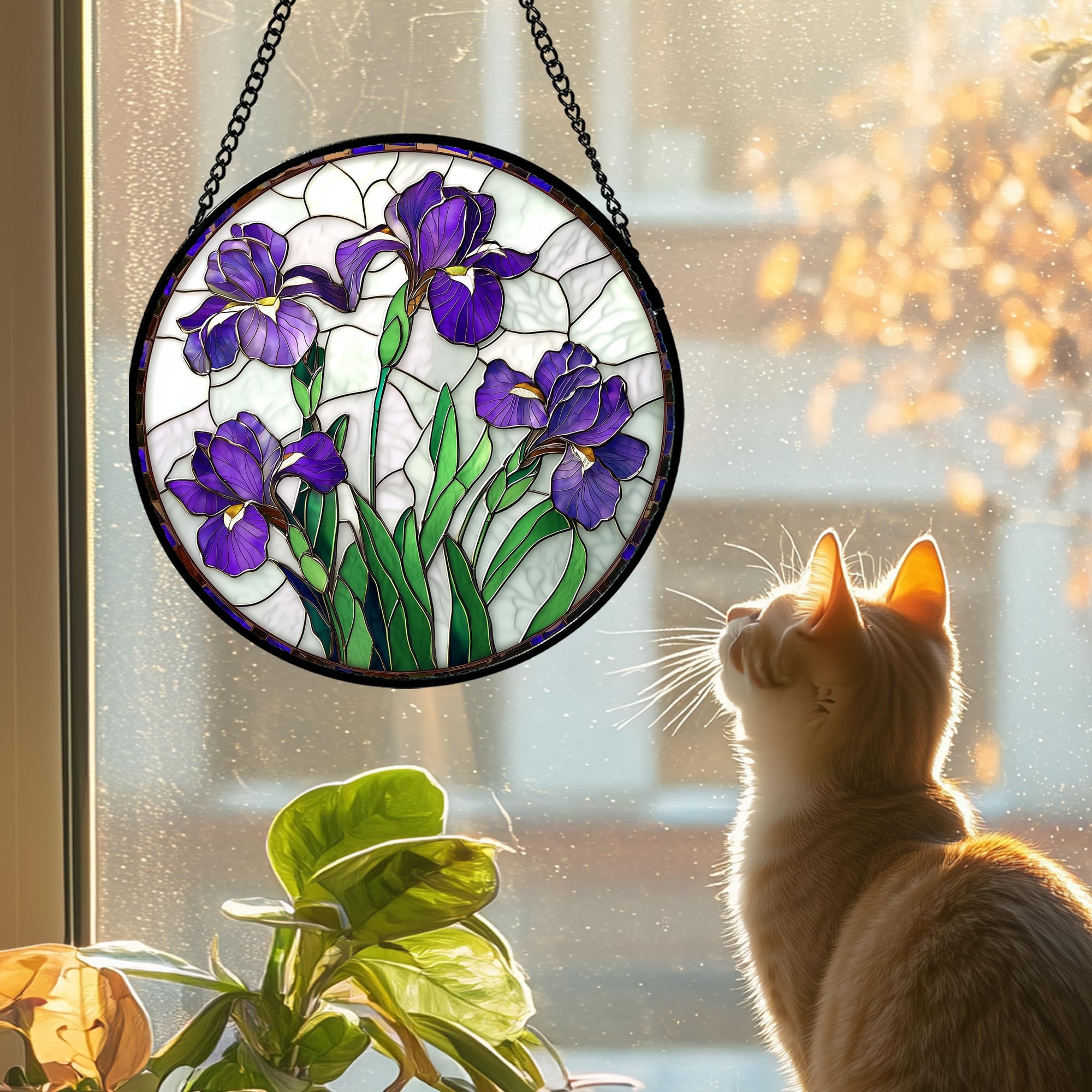 JOSUMALY purple iris suncatcher adds serene color to the bedroom during morning light.