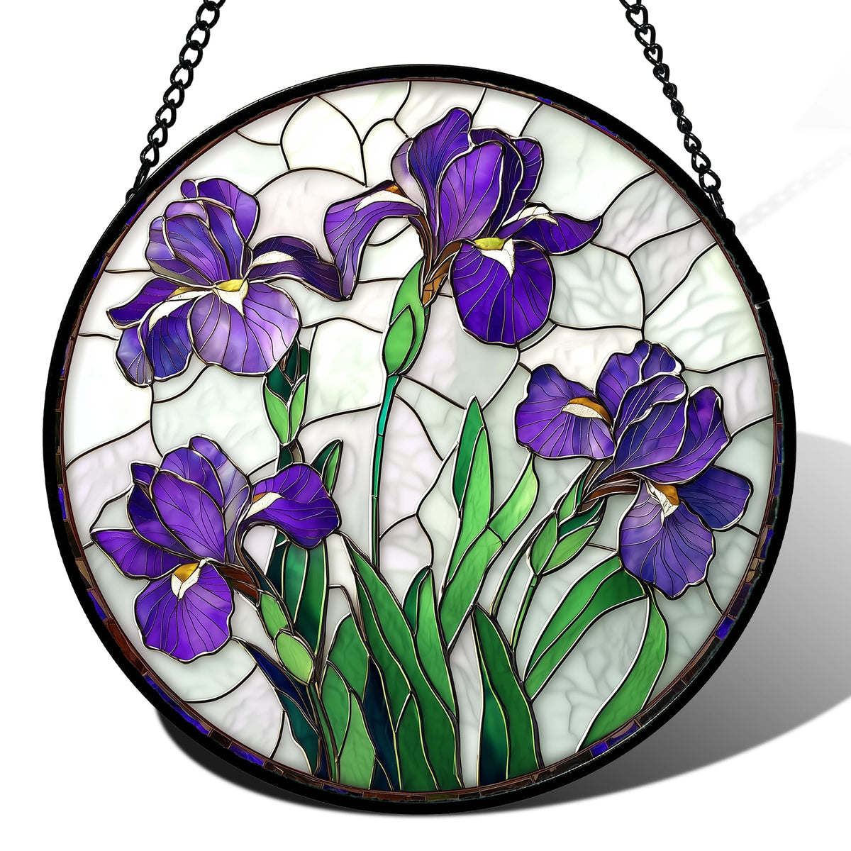 JOSUMALY purple iris stained glass window suncatcher brightens a doorway with sunlit color.