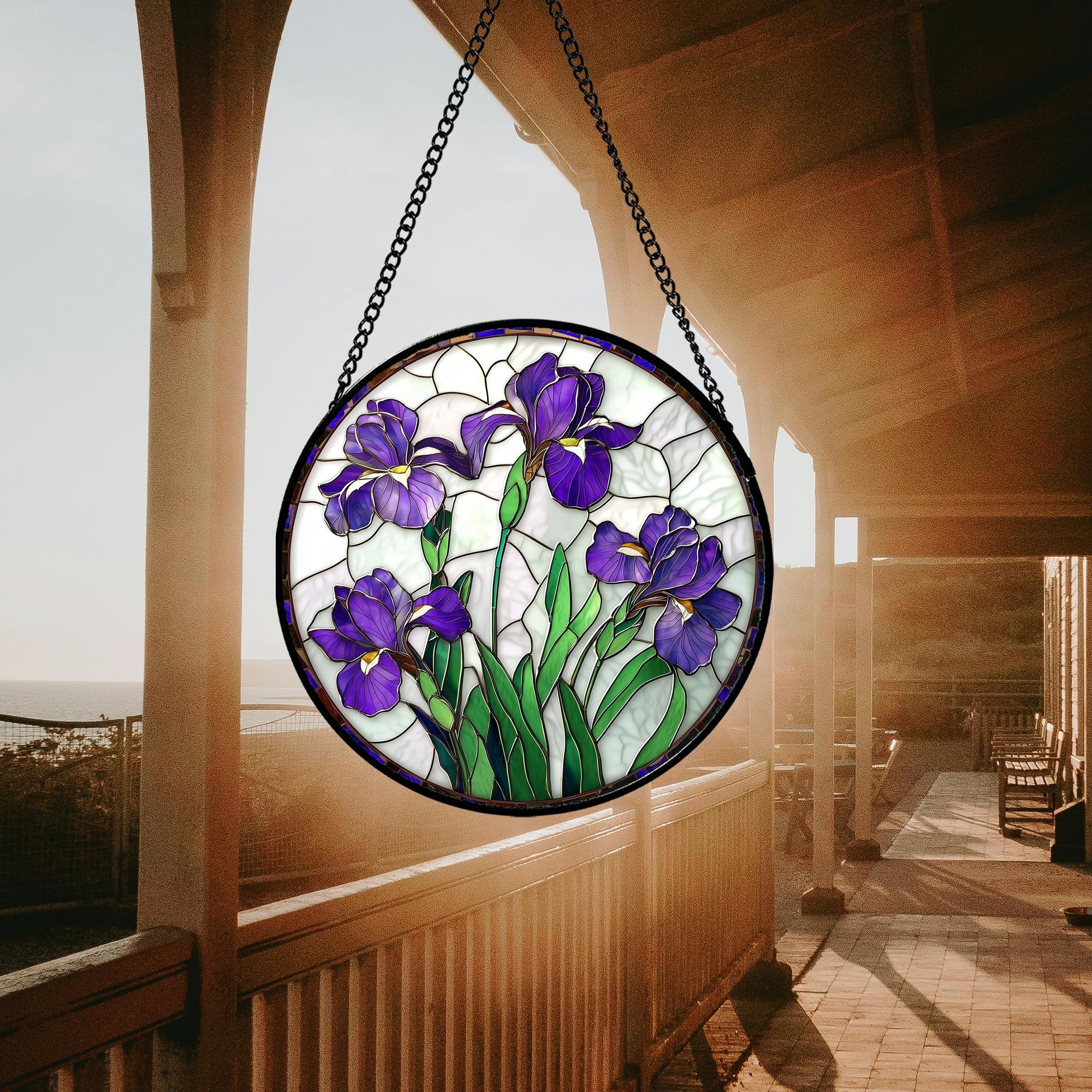 JOSUMALY stained glass window suncatcher softens kitchen lighting with colorful tones.
