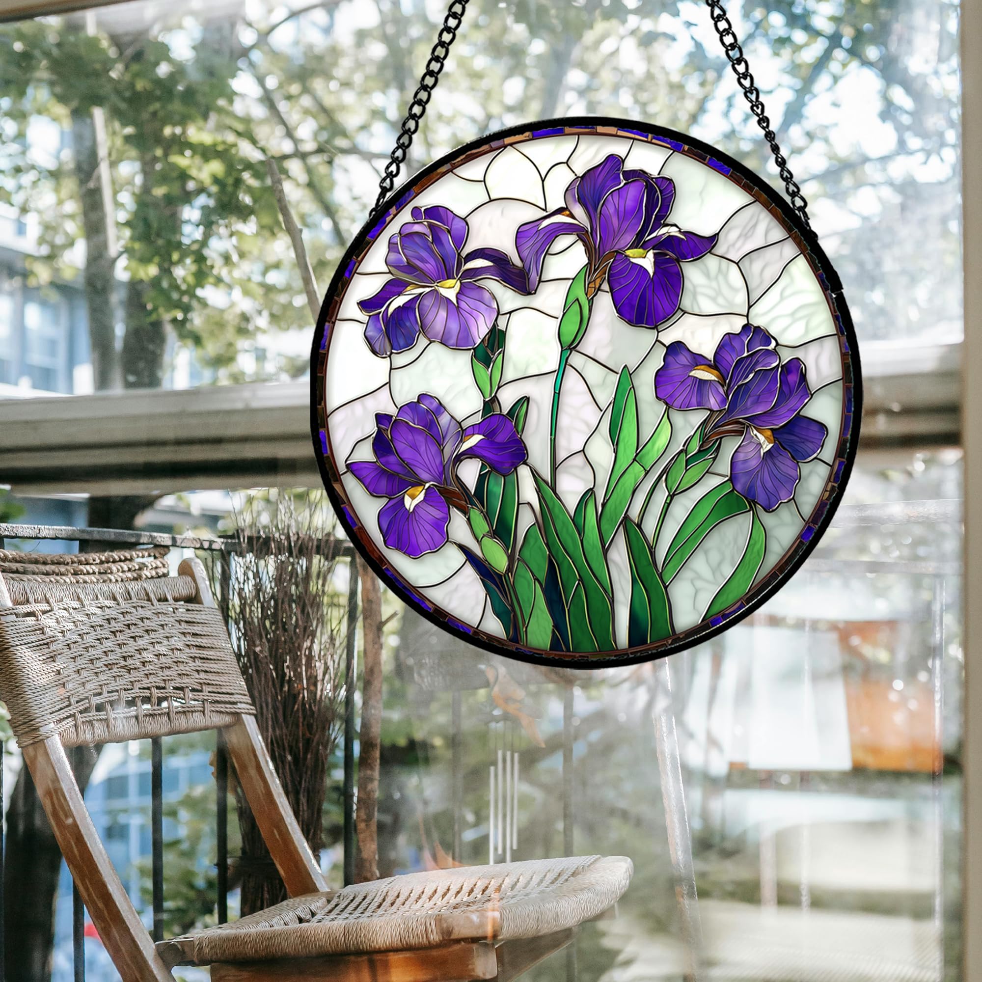 JOSUMALY purple iris stained glass window suncatcher decor brings warm color to the living room when sunlit.