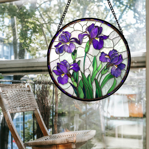 JOSUMALY purple iris stained glass window suncatcher decor brings warm color to the living room when sunlit.
