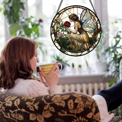 JOSUMALY stained-glass flower suncatcher creating warm rainbow hues