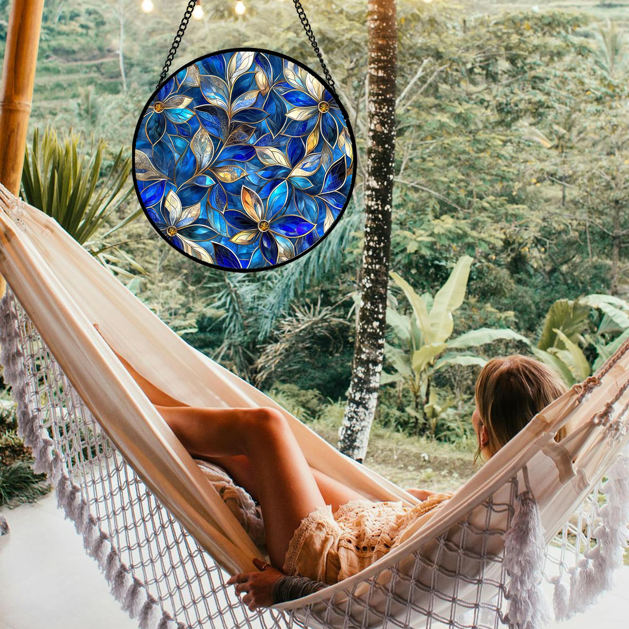 JOSUMALY stained glass window hanging with vibrant hues enriching bedroom mood