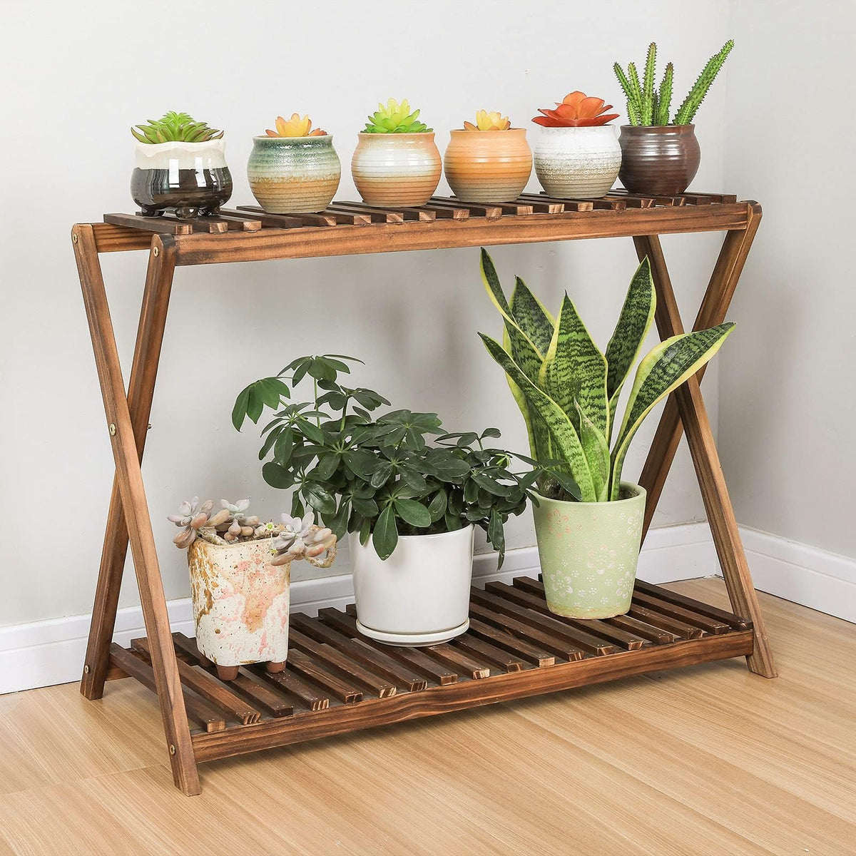 Jotboom wooden plant stand with top shelf, ideal for small spaces and display