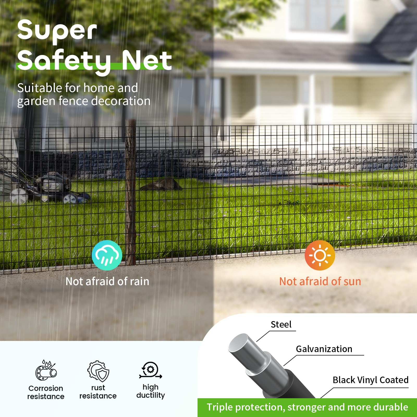Jotesnew black vinyl coated wire mesh resists rust for outdoor durability.