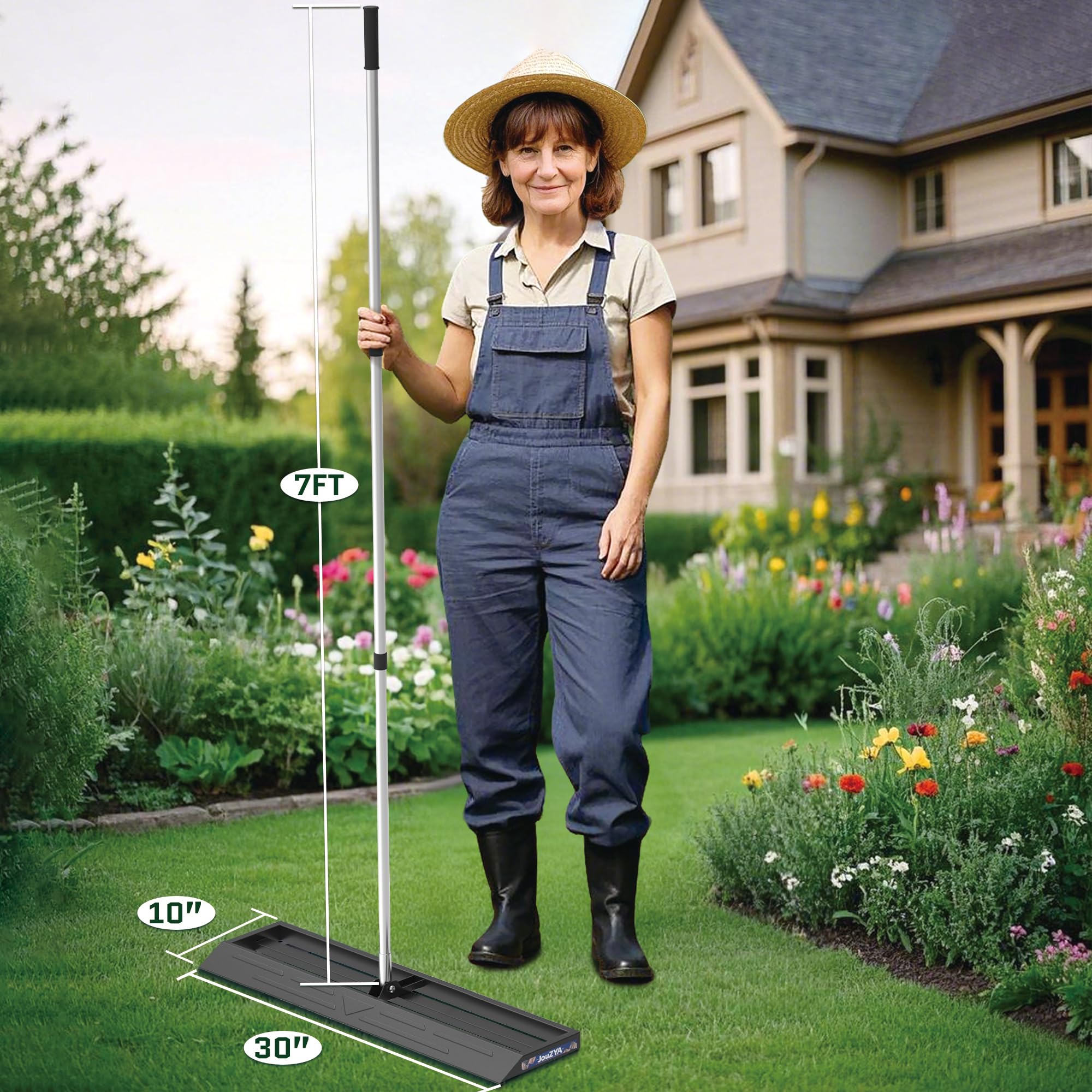 JouZYA heavy-duty lawn leveler in use on a field for even material spread.