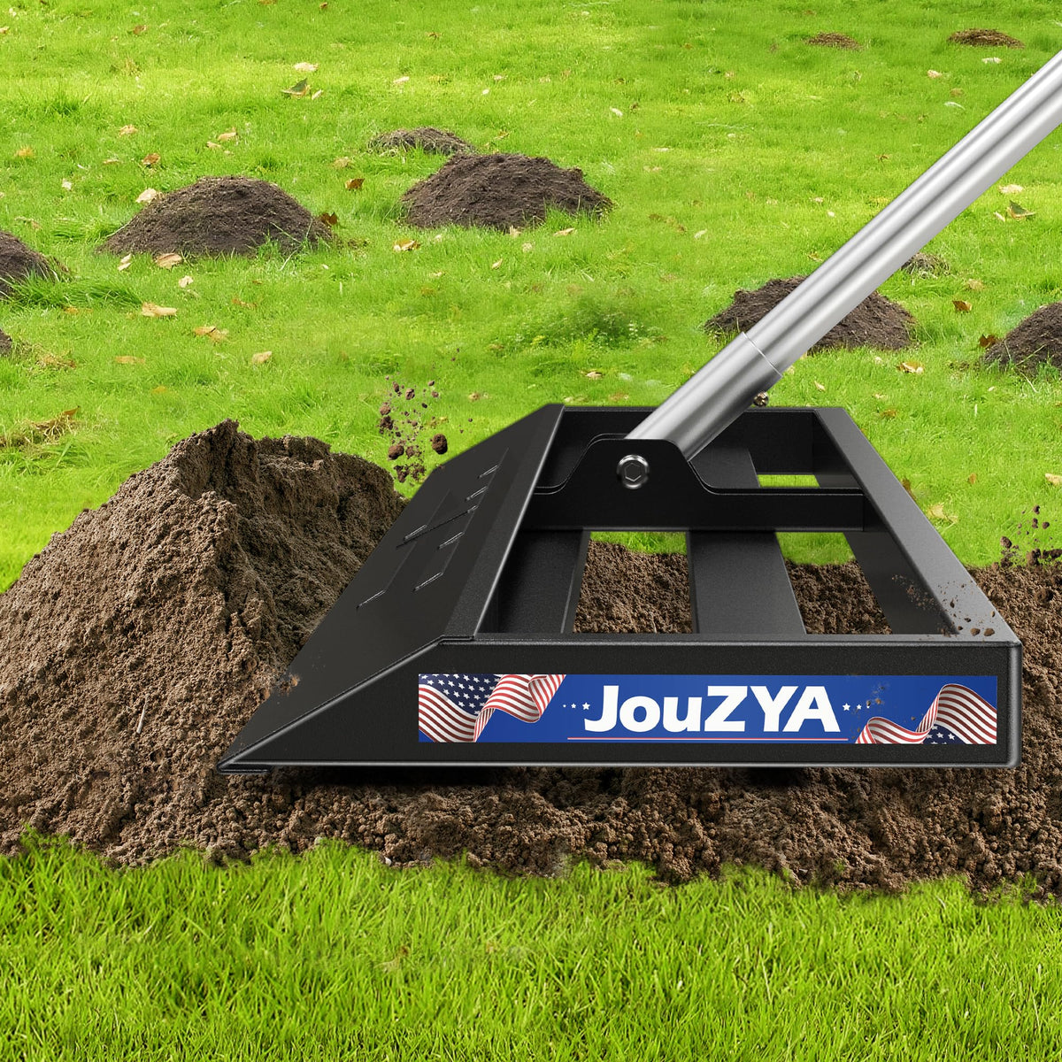 JouZYA lawn leveling rake with 30x10-inch head for even topsoil distribution.