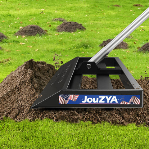 JouZYA lawn leveling rake with 30x10-inch head for even topsoil distribution.