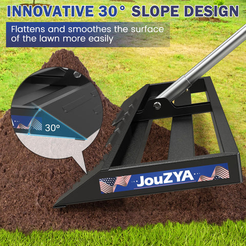 JouZYA lawn leveling rake shows 80-inch adjustable handle for extended reach on large lawns.