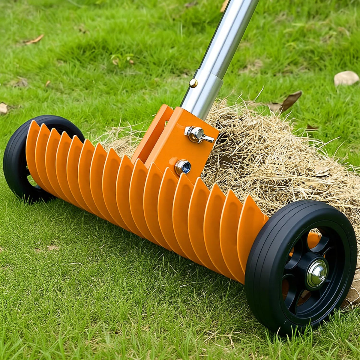 JouZYA Thatch Rake with rolling wheels for easy lawn dethatching