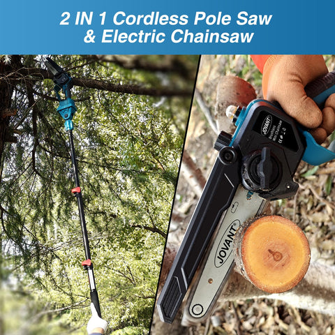 JOVANT cordless pole saw with battery pack for long runtime.
