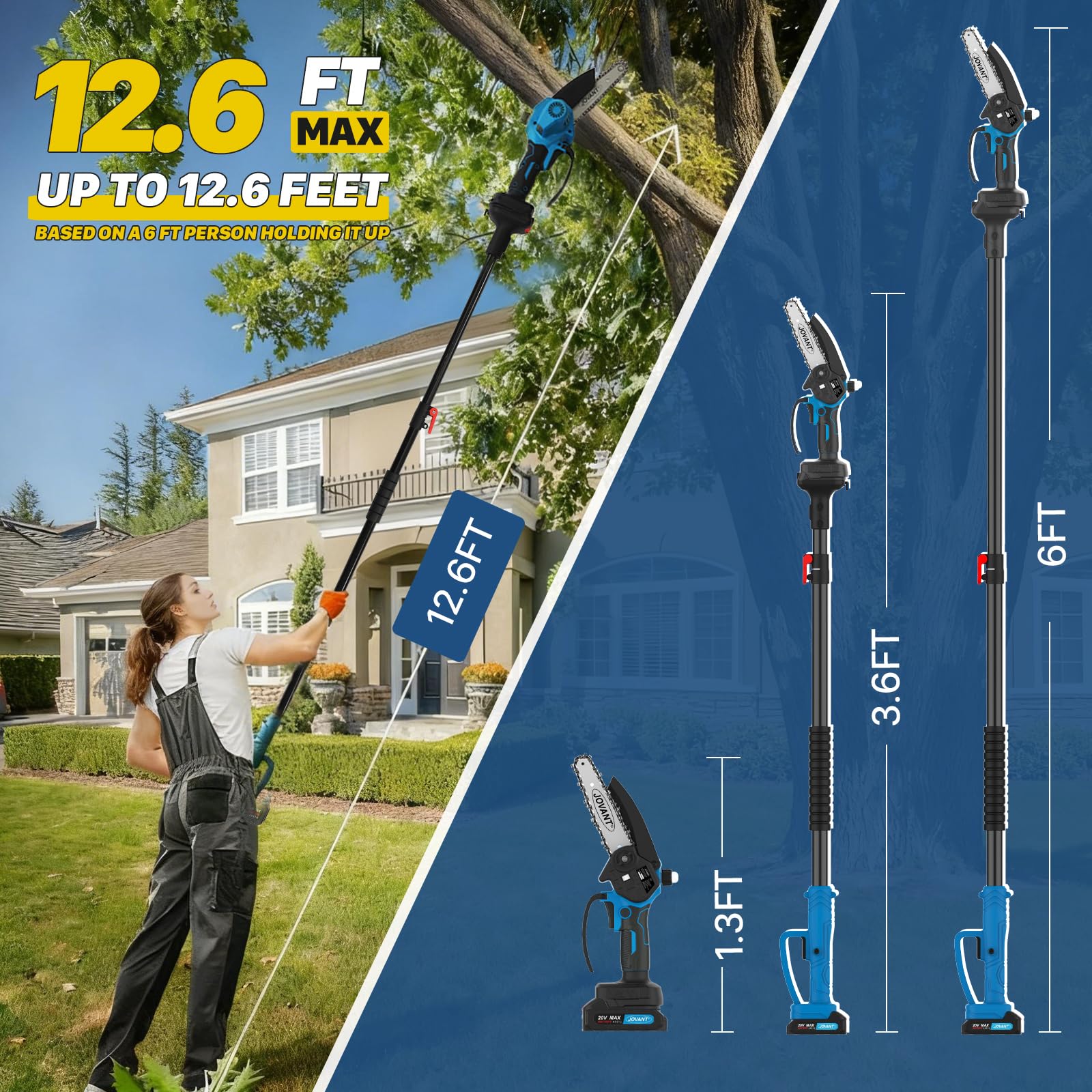 Jovant extended pole saw reaches high branches for easy pruning.
