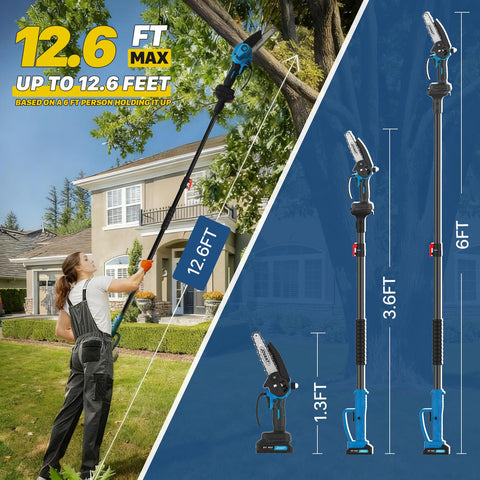 Jovant extended pole saw reaches high branches for easy pruning.