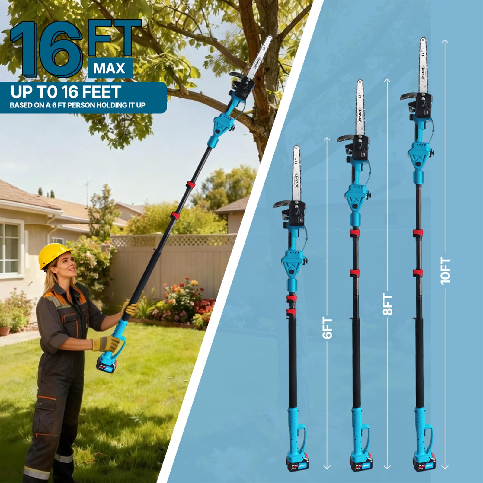 Extension pole extended to reach high branches with Jovant pole saw