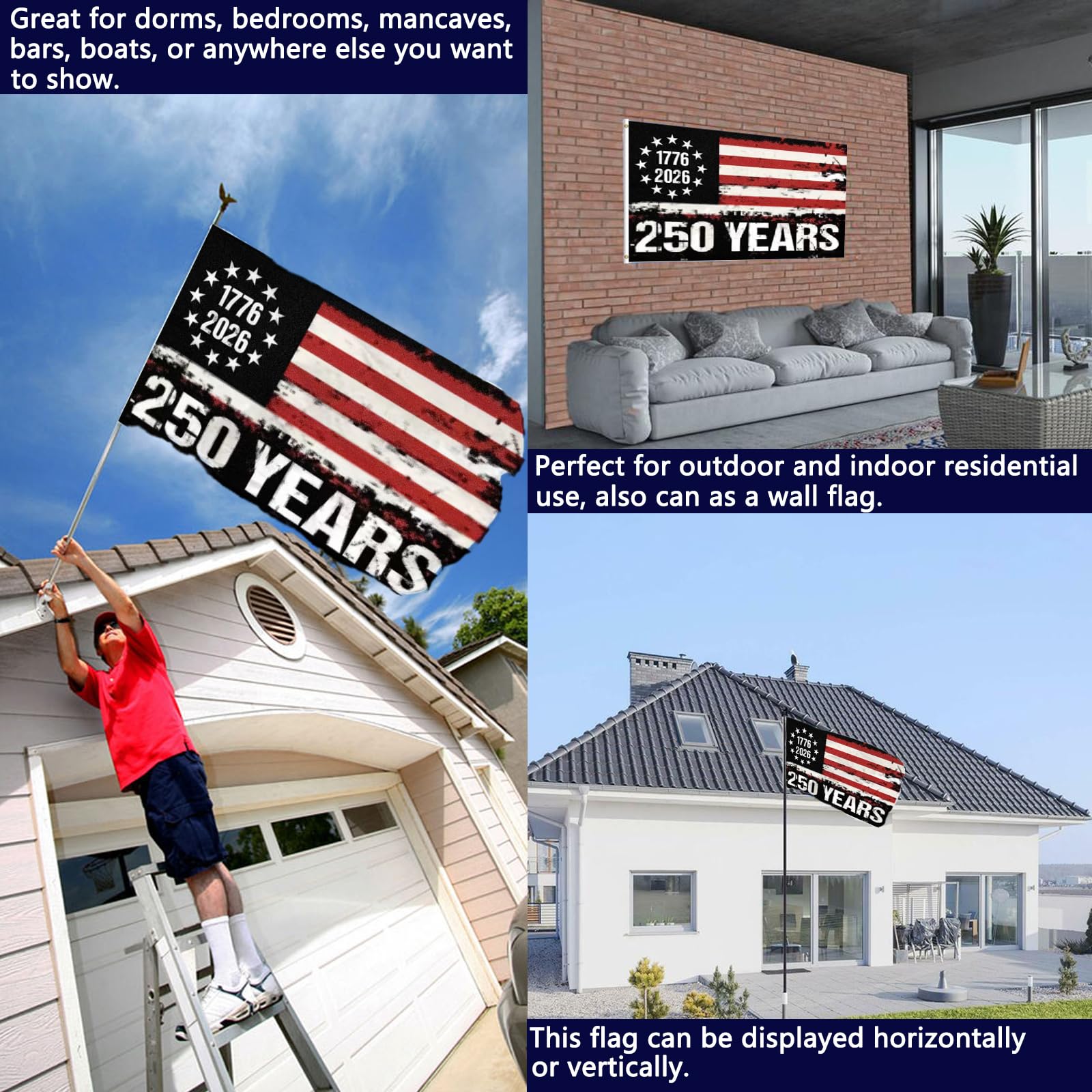 Joven 250th anniversary flag outdoors, vivid colors resist fading in wind.