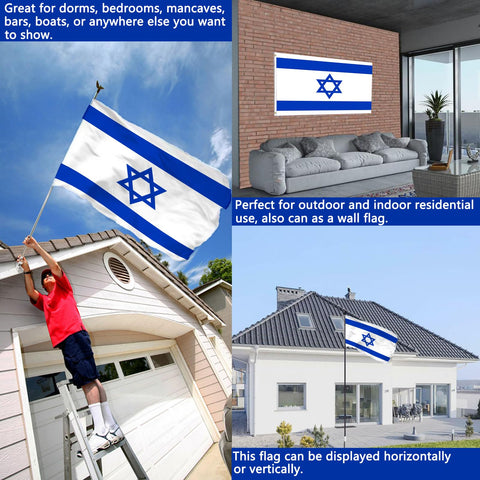 Joven polyester Israeli flag withstands rain and sun while flying in light breeze.