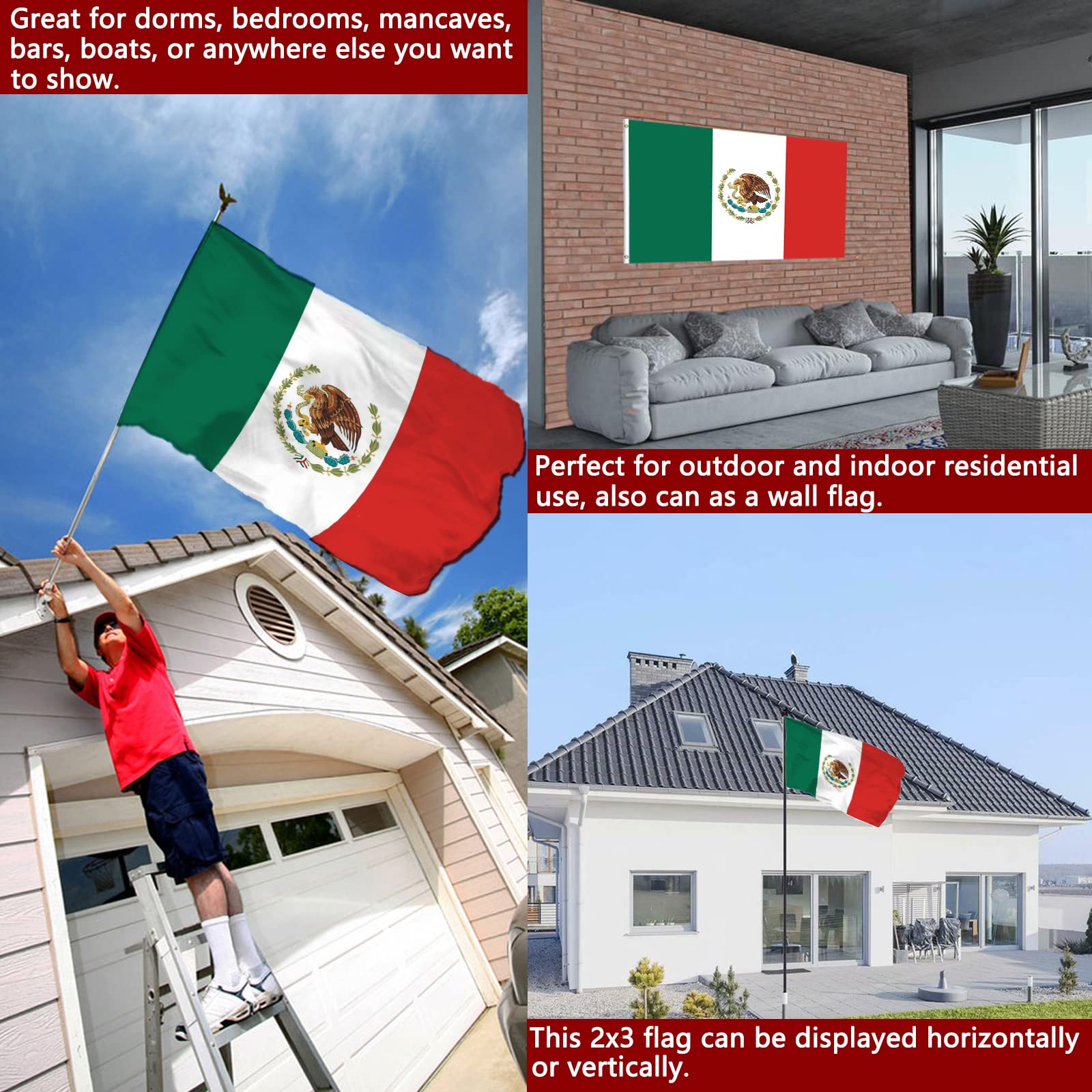 Joven Mexico flag with brass grommets for secure outdoor hanging.