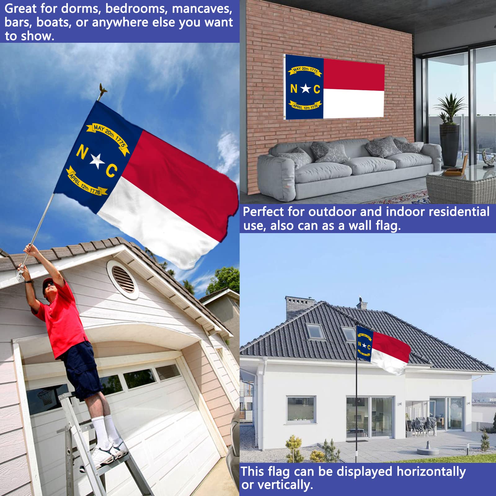 Joven NC flag 100% polyester fabric resists fading outdoors.
