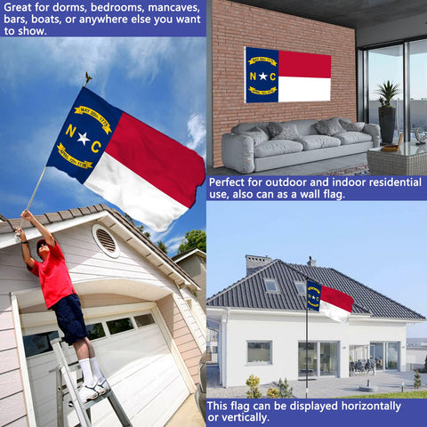 Joven NC flag 100% polyester fabric resists fading outdoors.