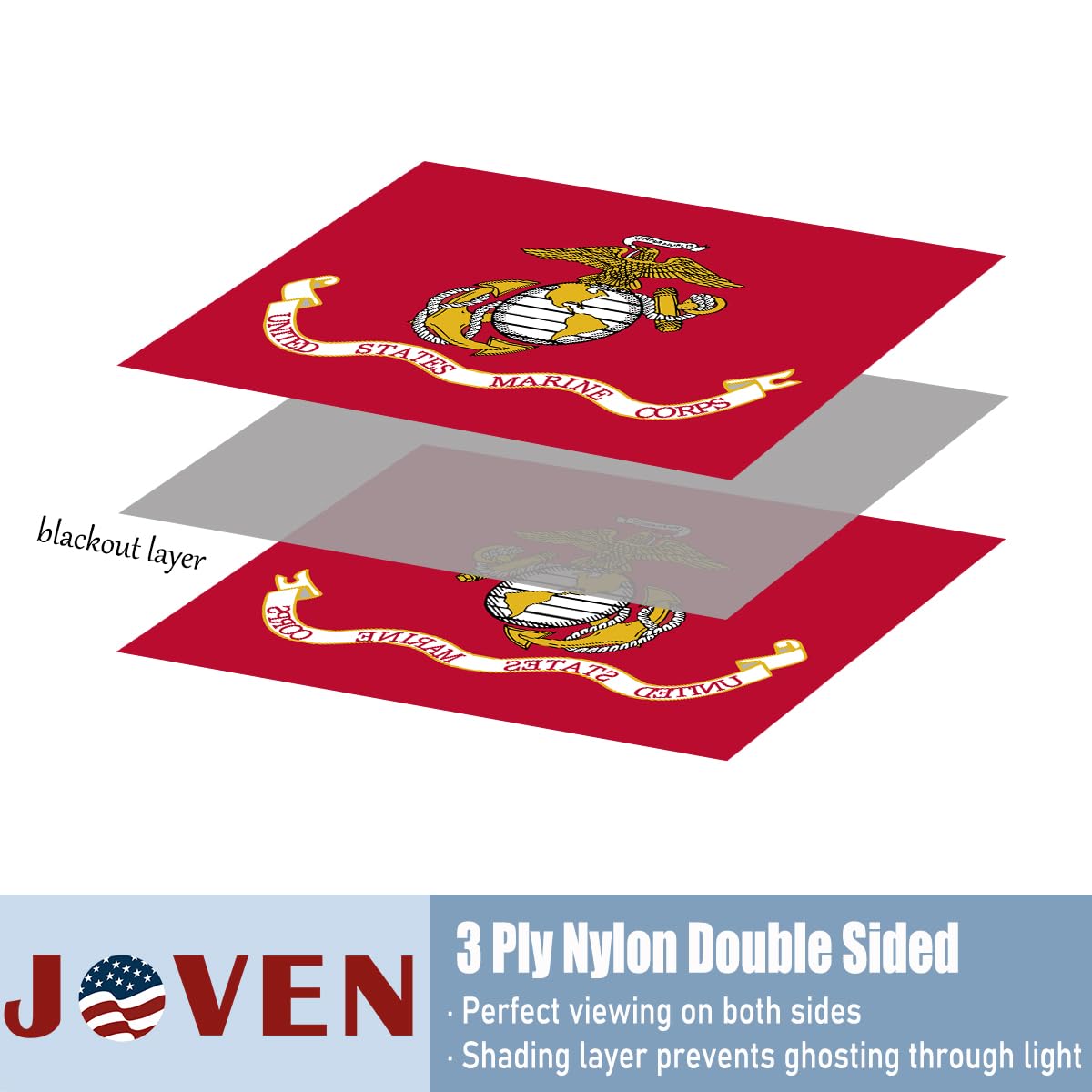 Jovan USMC flag brass grommets for secure mounting anywhere.