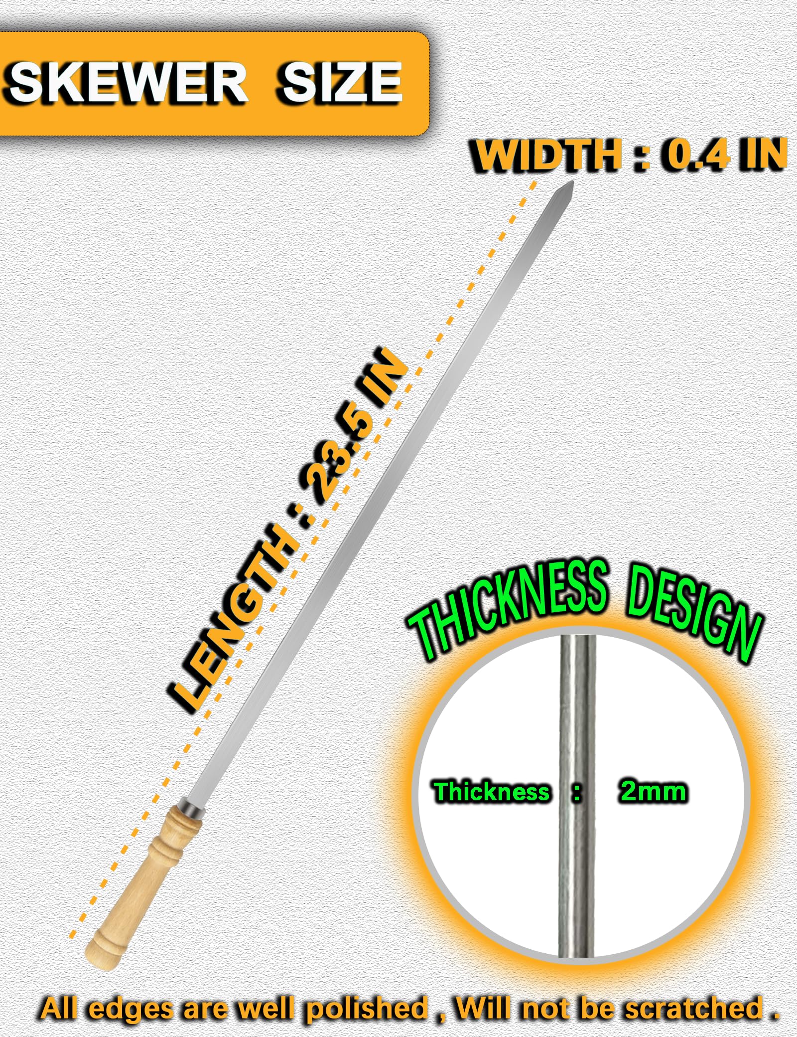 JOWHONK flat skewers with wooden handle provide safe grip and heat protection.