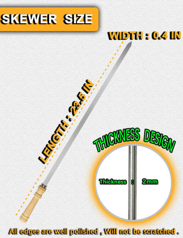 JOWHONK flat skewers with wooden handle provide safe grip and heat protection.