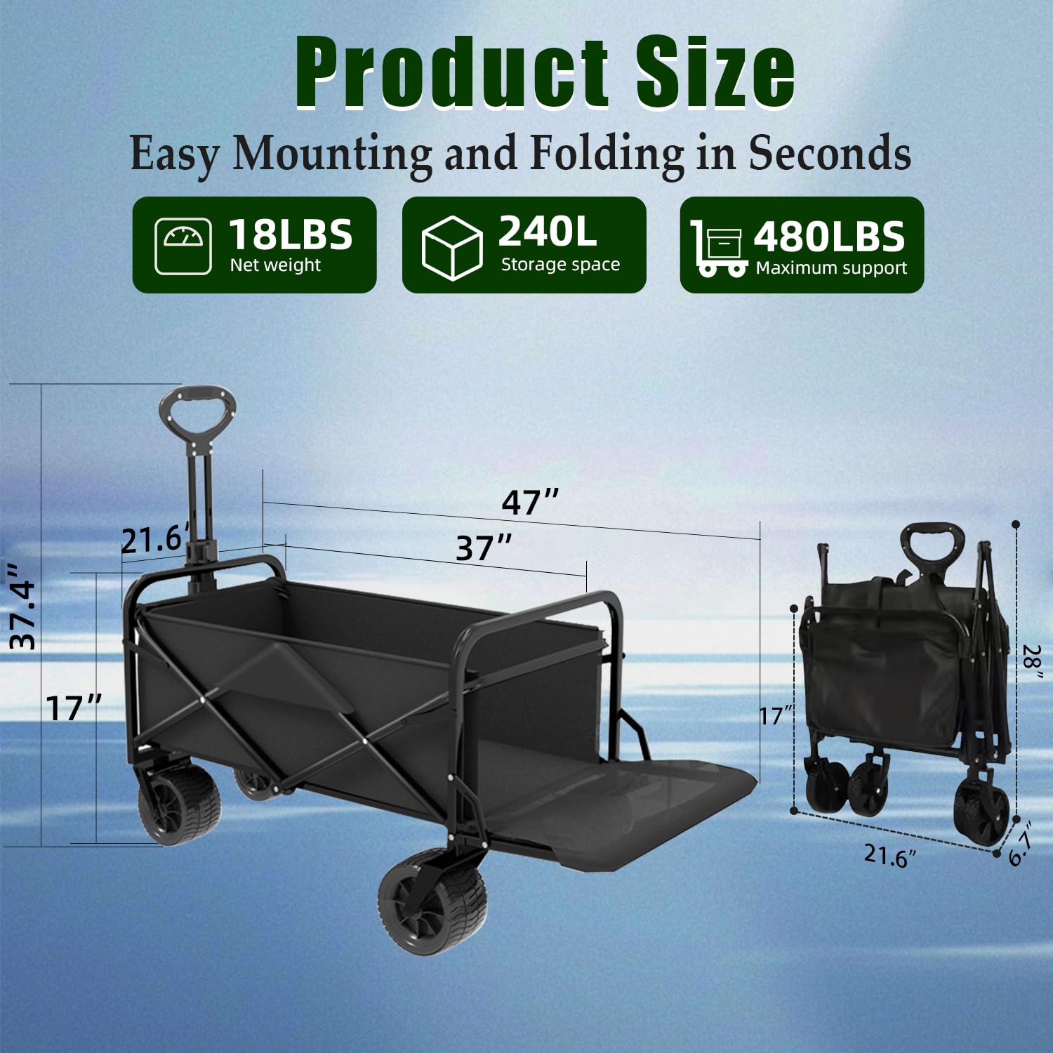 Joxir 240L capacity wagon, open-tail design for long items.
