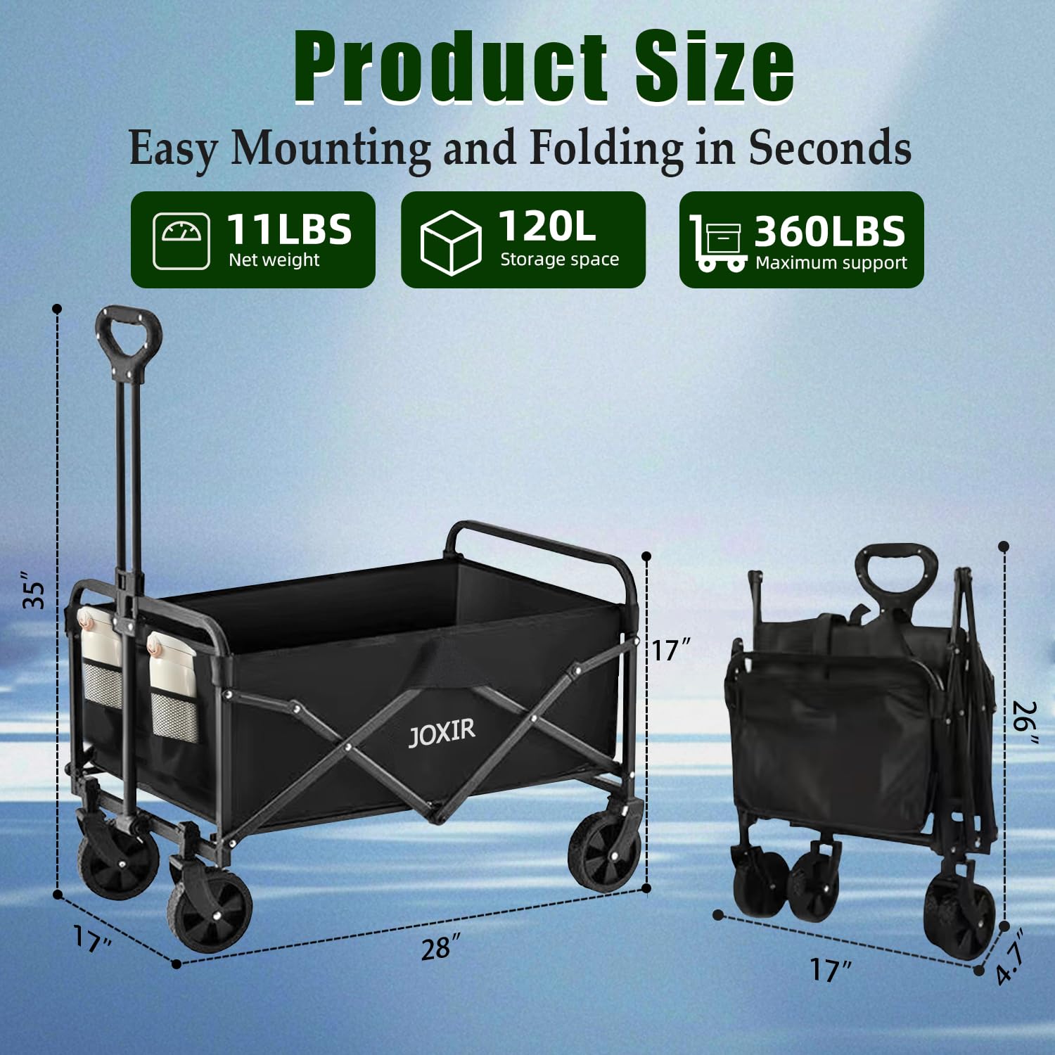 Joxir collapsible wagon unfolded, ready to haul groceries or gear.