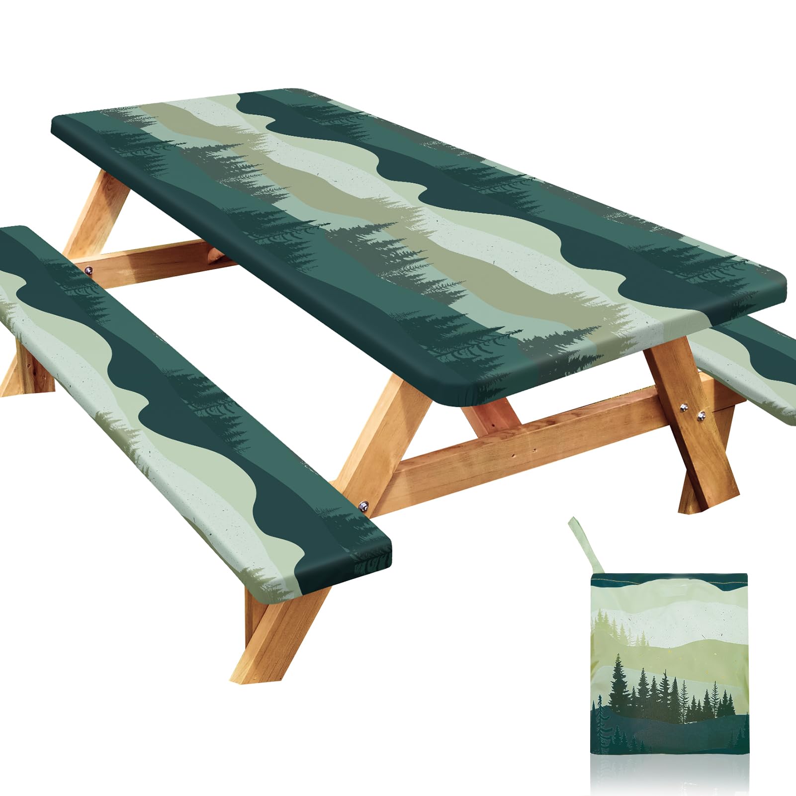 Joy Bubble picnic table cover on table, vibrant green blue finish for outdoor dining