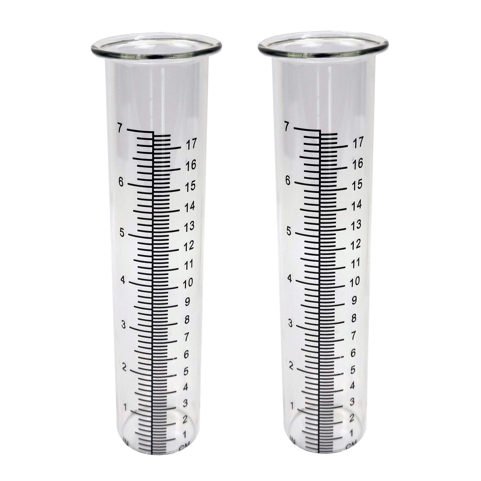 JOYBEE 7-inch garden glass rain gauge tubes, front view, with clear calibration for easy readings.