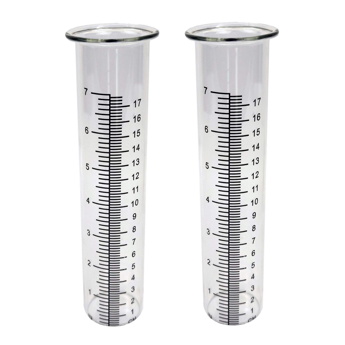 JOYBEE 7-inch garden glass rain gauge tubes, front view, with clear calibration for easy readings.