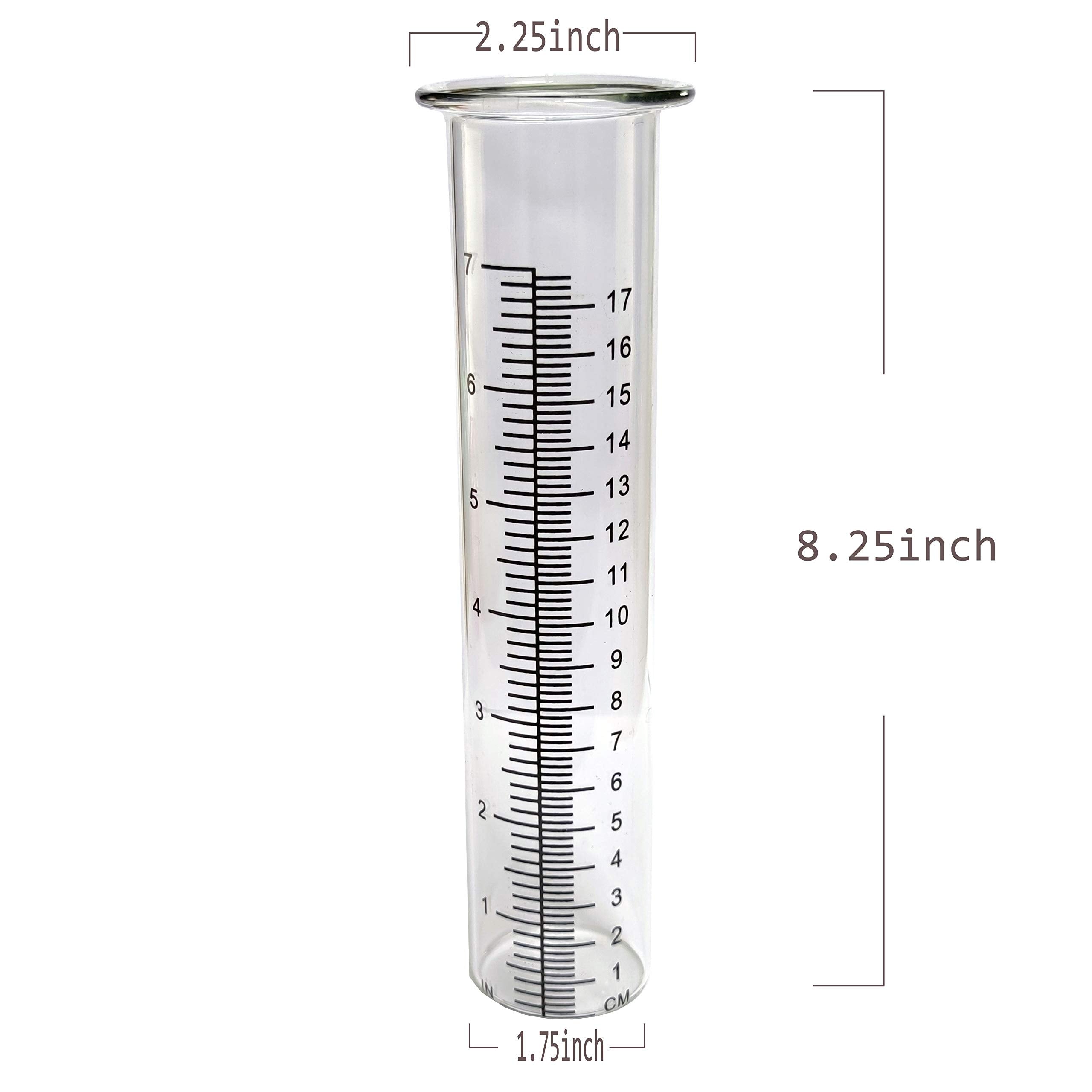 JOYBEE 7-inch garden glass rain gauge tubes, side view showing durable glass and garden-friendly design.