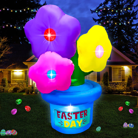 JOYEASE Easter inflatable flowers glow brightly at night in a welcoming yard.
