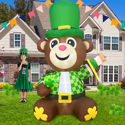 JOYEASE St Patrick's Day bear inflatable for outdoor use with bright LED illumination.