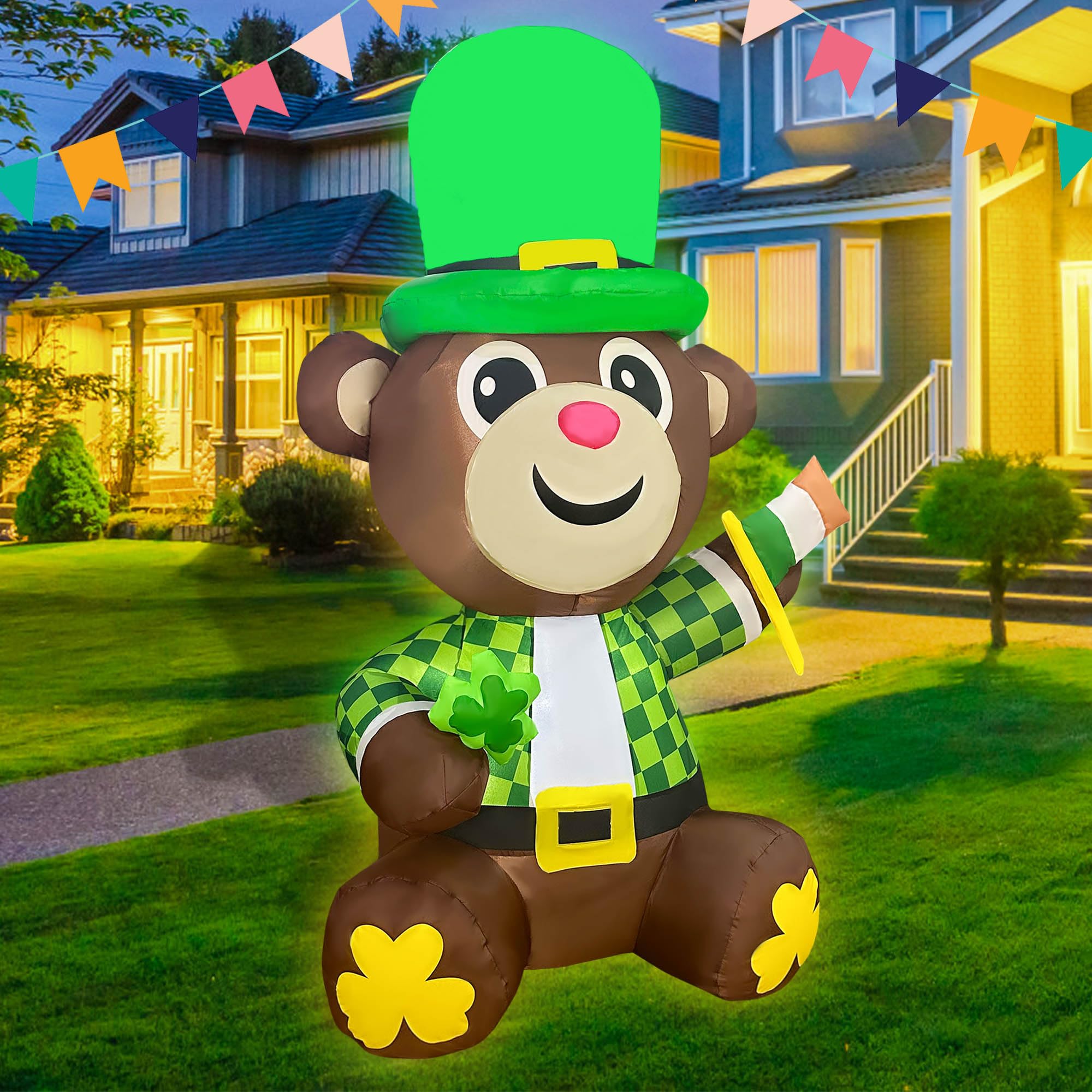 JOYEASE 4ft bear inflatable with LED light provides standout lawn decoration at night.