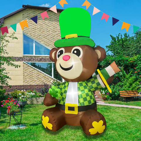 JOYEASE St Patrick's Day bear inflatable with ground stakes ensures stable setup.