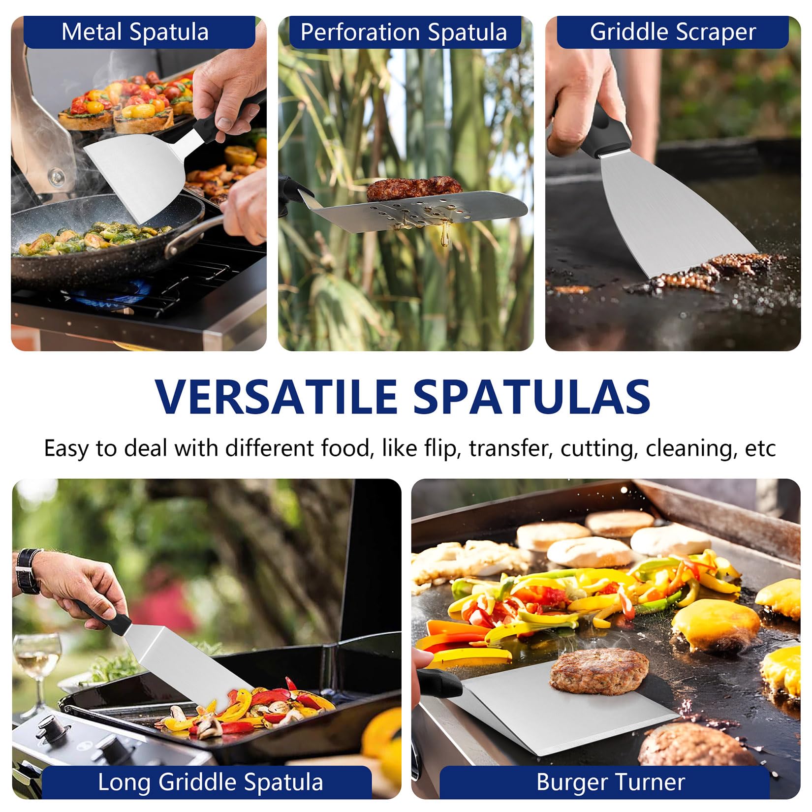 Joyfair cast iron grill press distributes heat evenly for burgers and steaks.