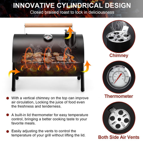 Joyfair compact cylindrical grill design fits in a car trunk for on-the-go grilling.