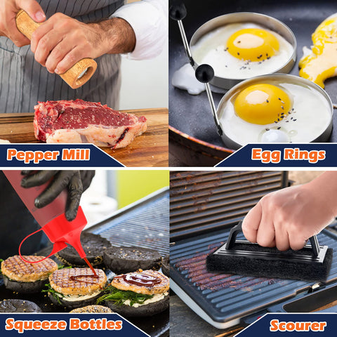 Joyfair griddle-press distributes heat for even burgers.
