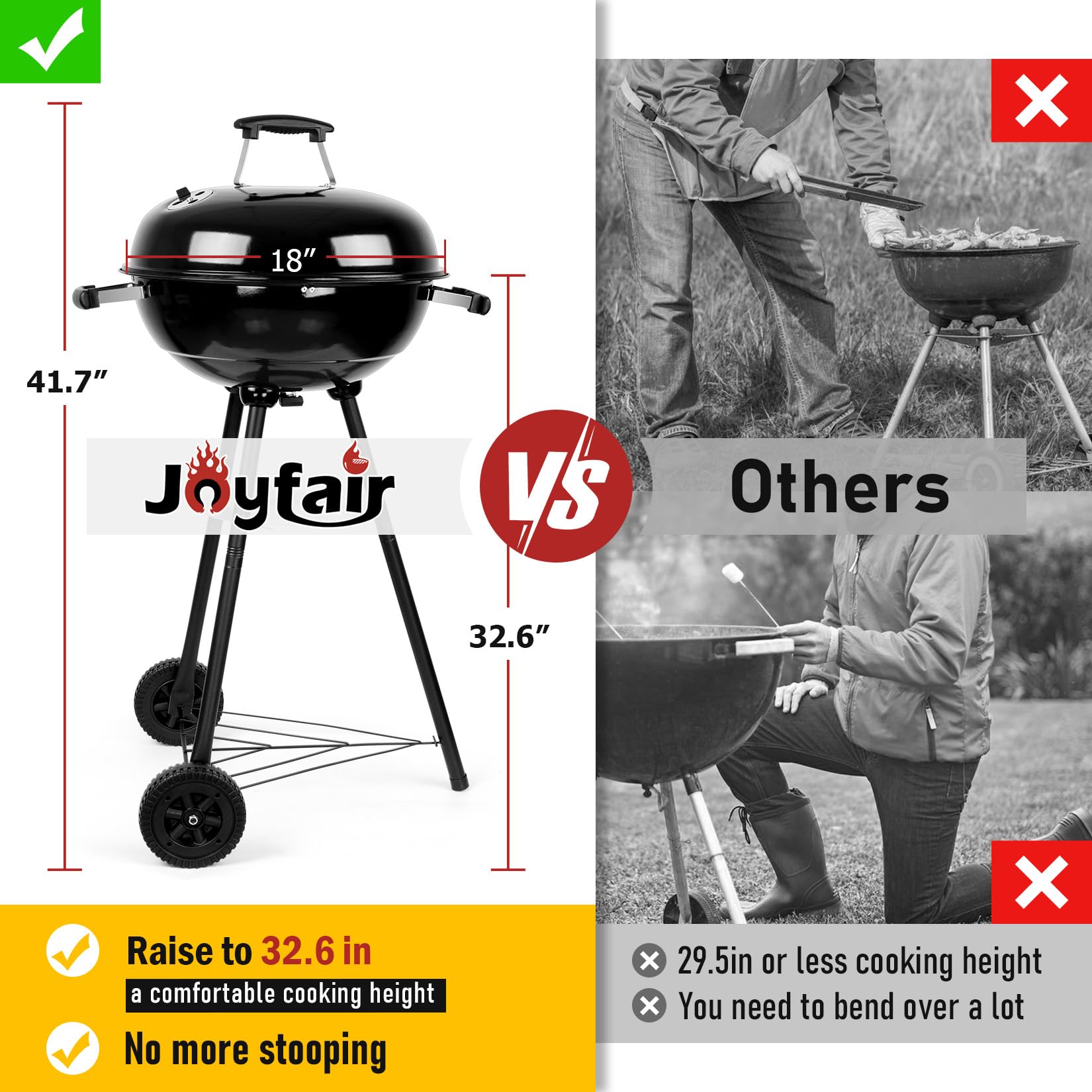 Joyfair kettle charcoal grill fire bowl close-up highlighting durable enamel finish