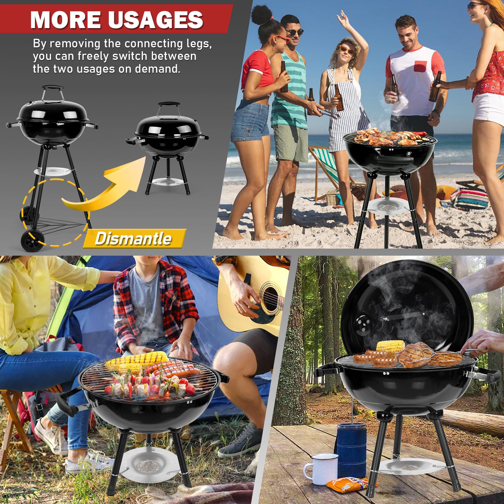 Joyfair kettle charcoal grill with legs attached for standing or seated use