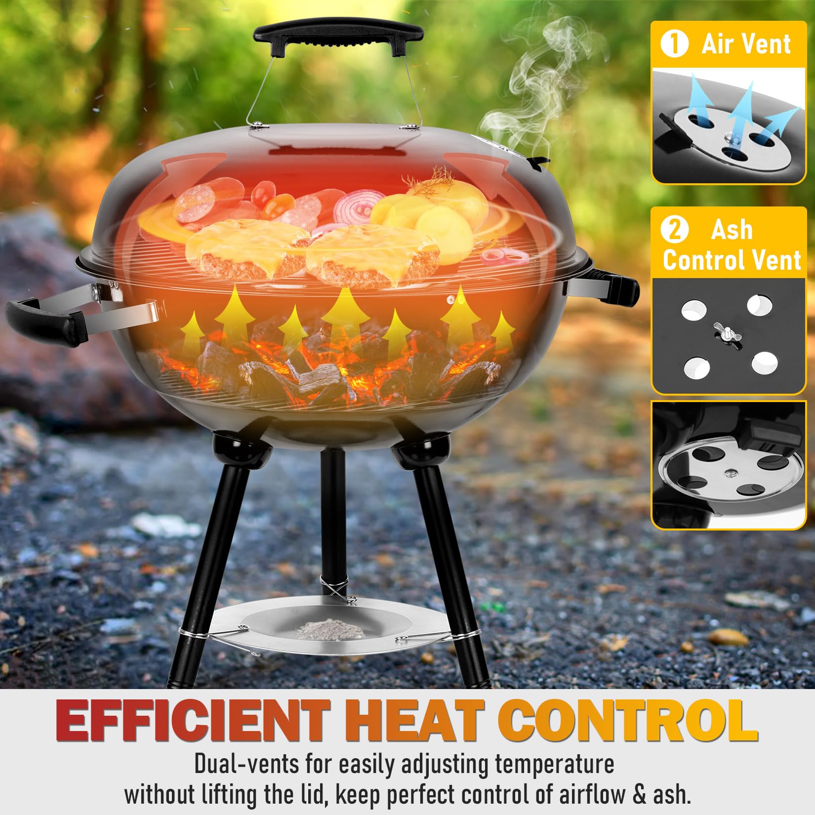 Joyfair kettle charcoal grill wheels enabling smooth mobility on varied surfaces