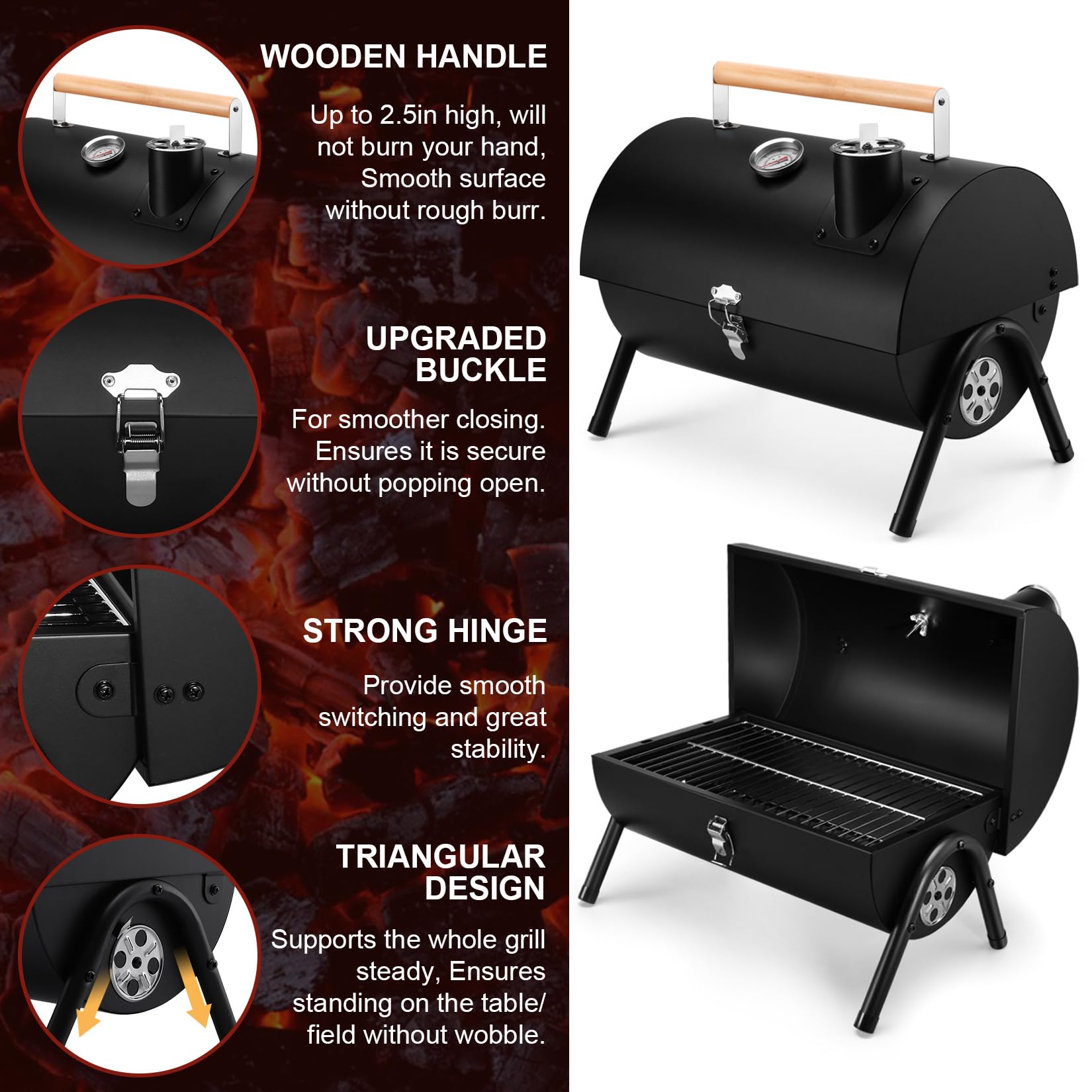 Joyfair lid thermometer visible for real-time temperature monitoring during barbecues.