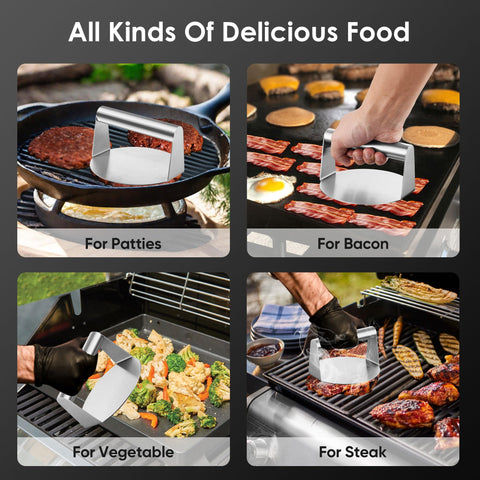 Joyfair multi-function press for burgers, bacon, and vegetables on a hot griddle.