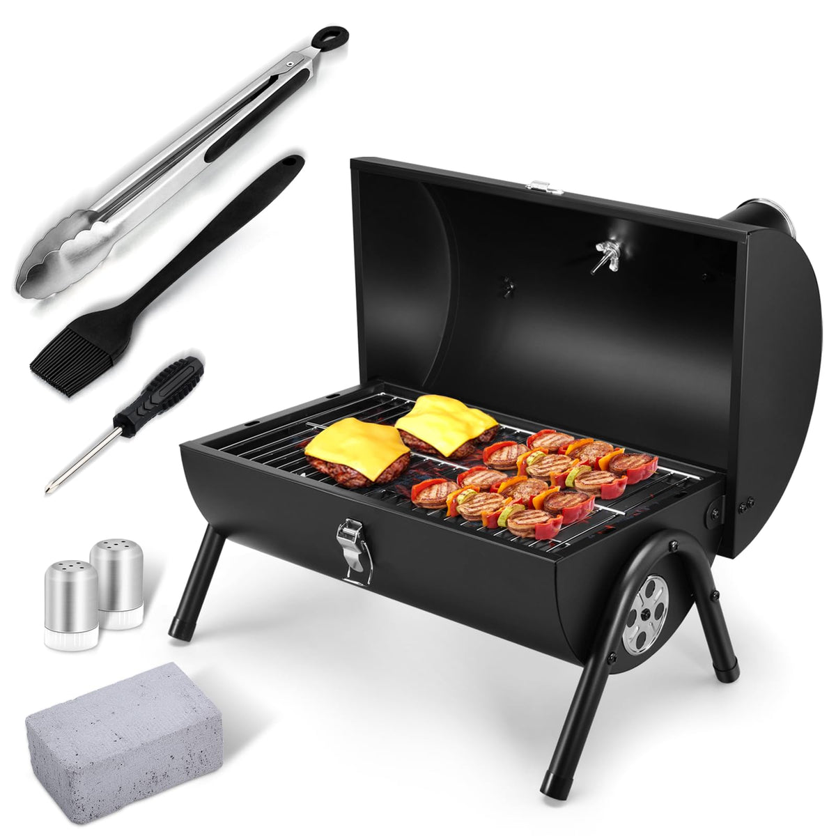 Joyfair portable charcoal grill set close-up of thermometer for precise heat control