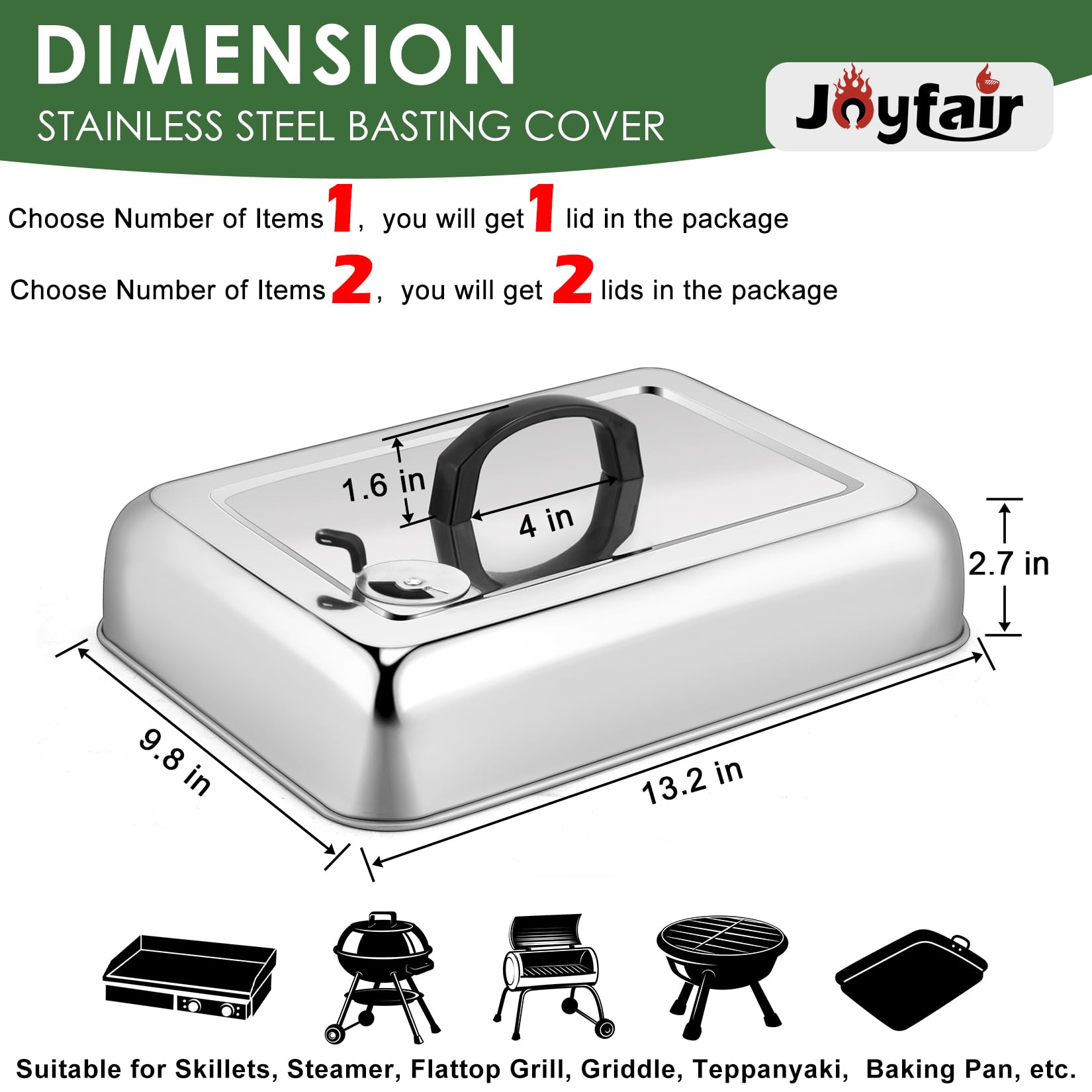 Joyfair rectangular stainless lid ideal for outdoor flat-top grilling.