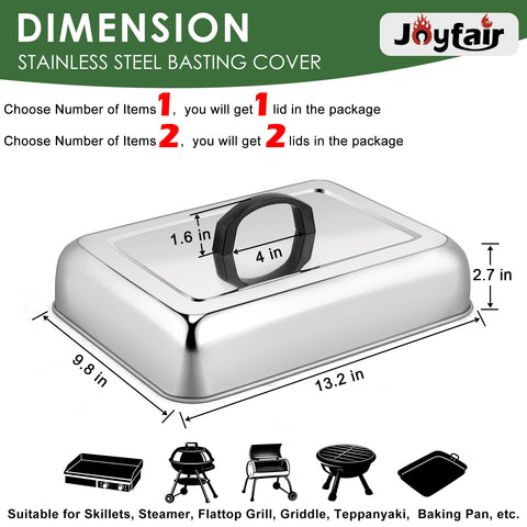 Joyfair rectangular cheese melt lid in stainless steel provides even coverage for burgers