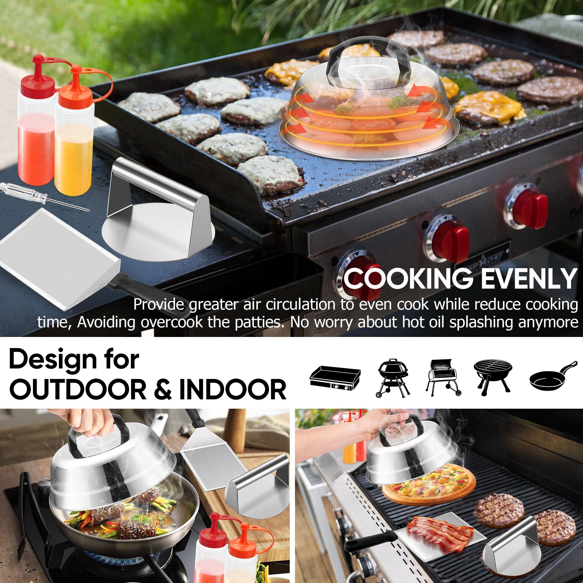 Joyfair Smash Burger Kit bacon press concentrates heat for even cooking.