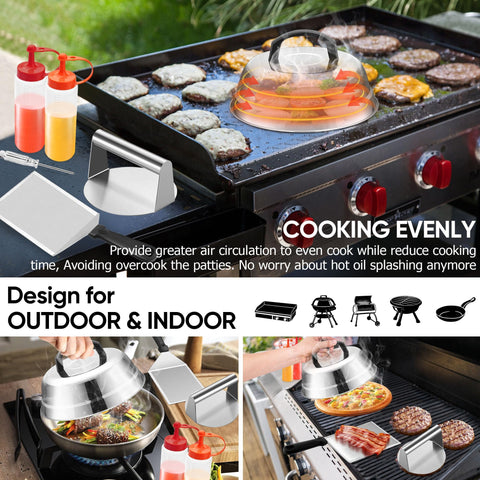 Joyfair Smash Burger Kit bacon press concentrates heat for even cooking.